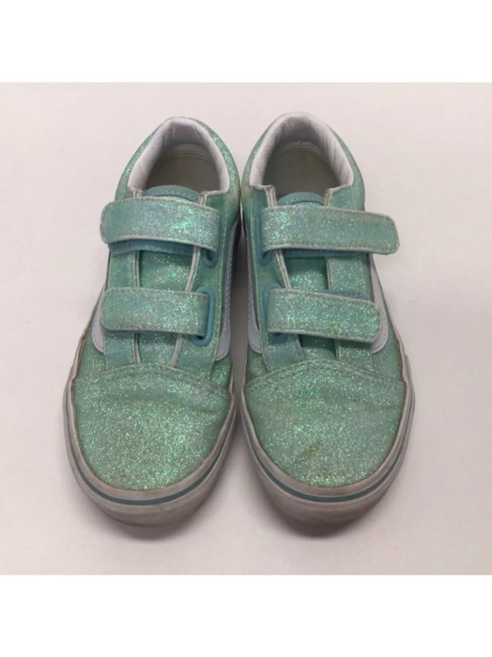 Vans Girls Old Skool V Sneakers Glitter Green Hook And Loop Kids Size 13.5 Shoes